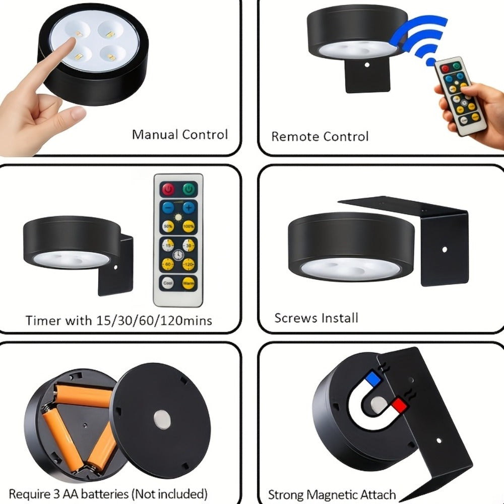 Battery Operated Picture Lights 3-Pack, Magnetic Painting Light with Remote & Timer, 3 Lighting Modes Dimmable Wireless Wall Puck Lights for Art Frames Portraits ¨C Black
