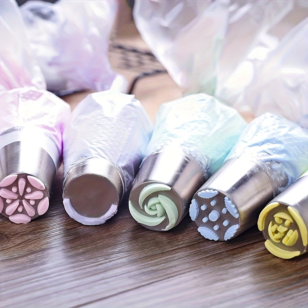 Russian Piping Nozzle Set 121pcs, 12 Flower Icing Tips, 2 Leaf Piping Tips, 2 Couplers and 100 Piping Bags, Cake Decorating Tools for Cupcake Cookie Frosting, Baking Supplies for Home and Professional Bakers