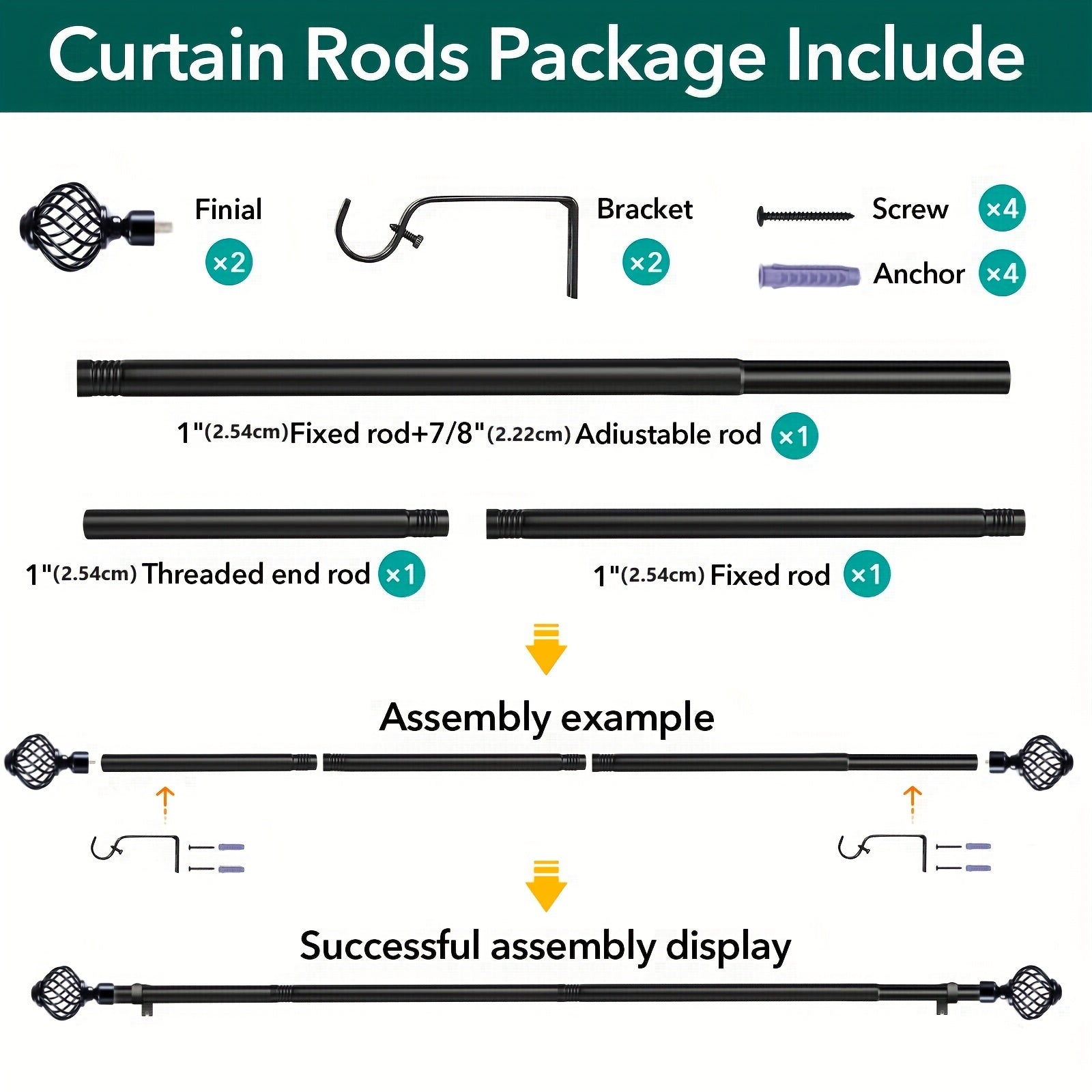 Black Adjustable Curtain Rod Heavy Duty Farmhouse Decorative Drapery Rod for Bedroom Living Room Kitchen Patio 4 Sizes Easy Install
