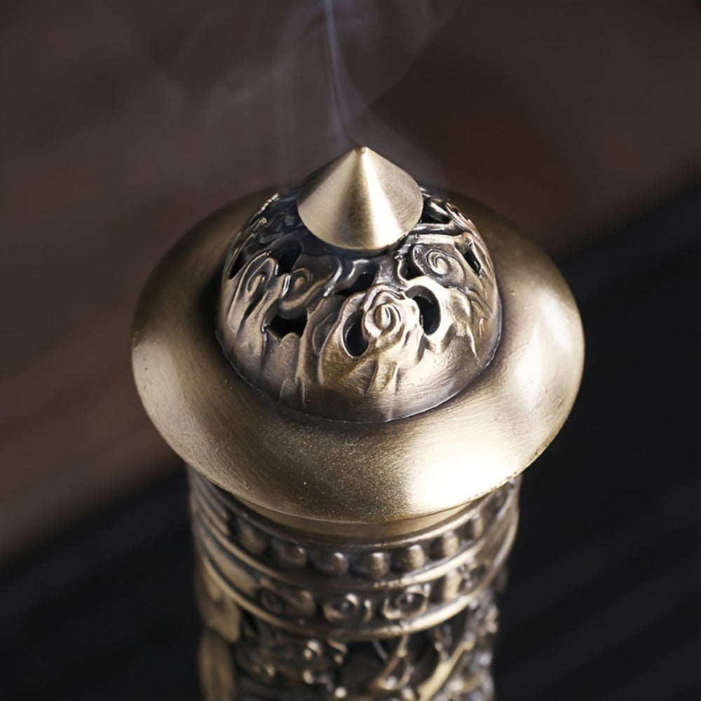Incense Stick Holder Metal Retro Vertical Design, Dragon & Phoenix Heart Sutra Motif Brass Incense Burner Stand, Home Office Altar Meditation Ceremony Decoration Gift