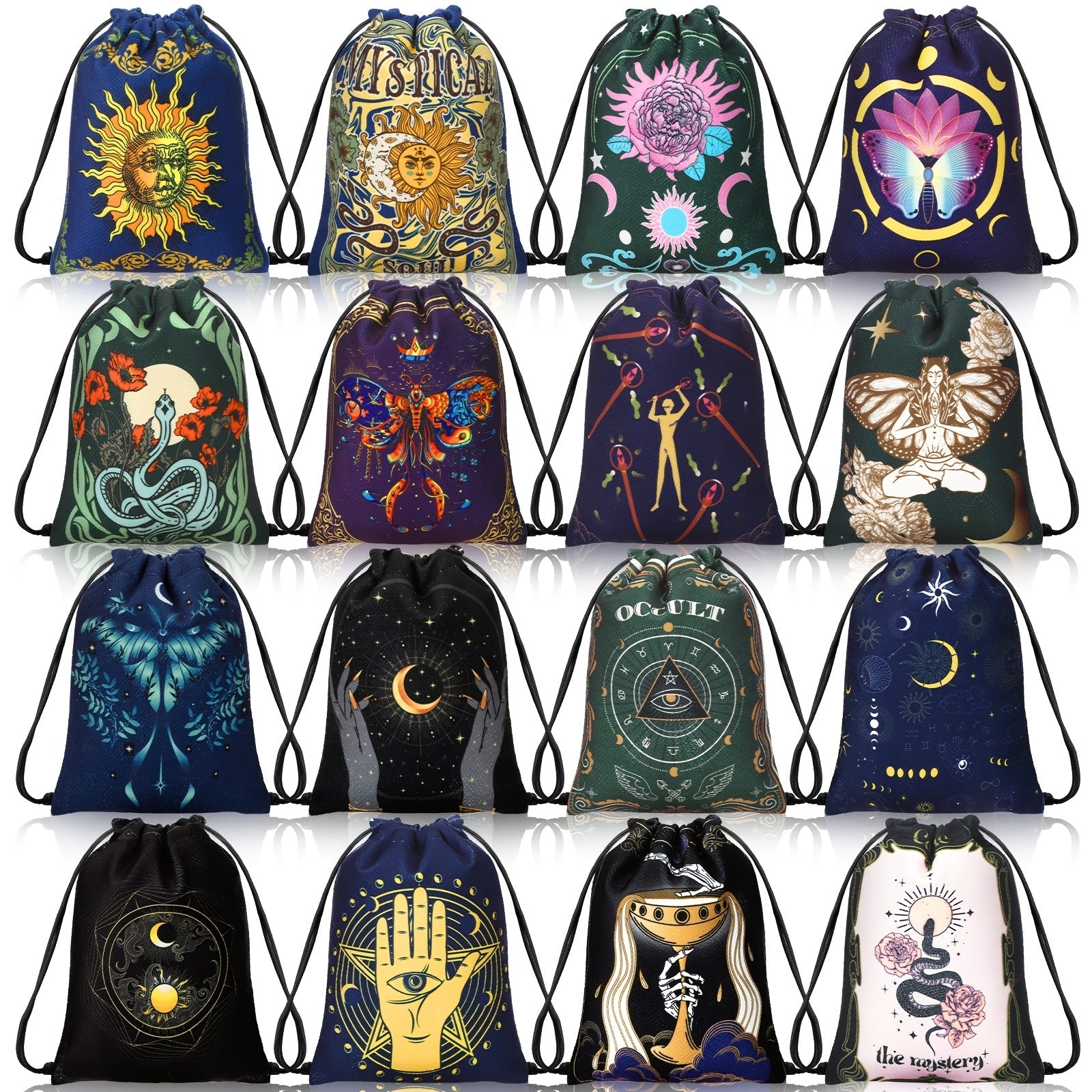 Velvet Tarot Card Bags 16 Pcs Mystical Drawstring Pouches 7.1x5.9 Inch - Dice Jewelry Storage Bag Set for Tarot Enthusiasts, Witchcraft Supplies, Halloween Christmas Gift, Crystal Pouch Organizer