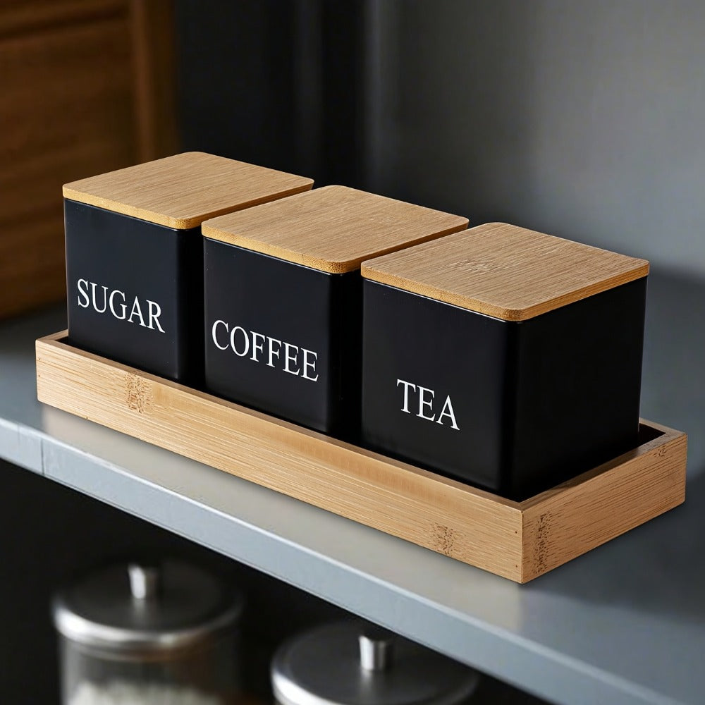 Black & White Ceramic Storage Jars Set of 3 ¨C Airtight Kitchen Canisters for Coffee Beans, Tea, Sugar & Spices