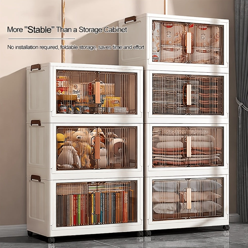 Folding Storage Cabinet with Wheels, 3/4/5-Tier Stackable Plastic Storage Bins with Lids & Magnetic Doors, Foldable Large Organizer with 360¡ã Lockable Wheels for Home Office Kitchen Bathroom Garage