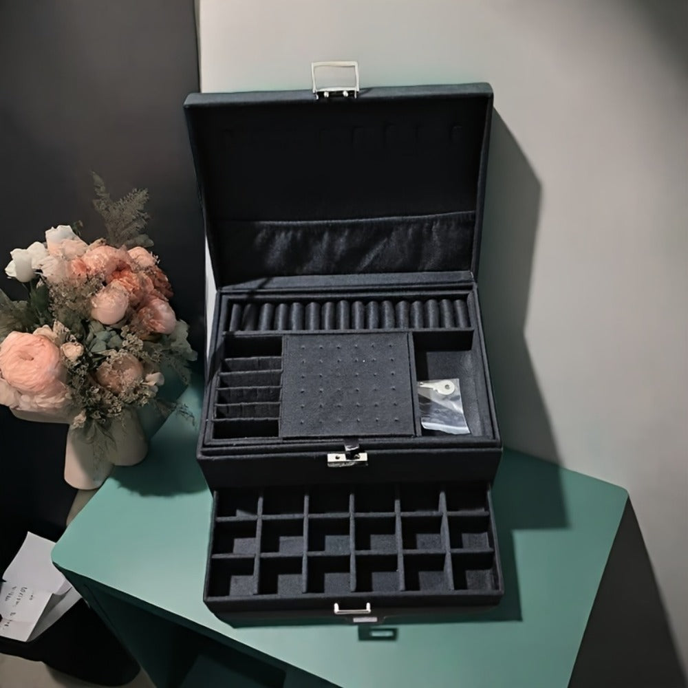 Velvet Jewelry Organizer Box with Lock & Drawers ¨C Large Capacity Storage Case for Rings, Necklaces, Earrings & Bracelets, Travel Jewelry Box