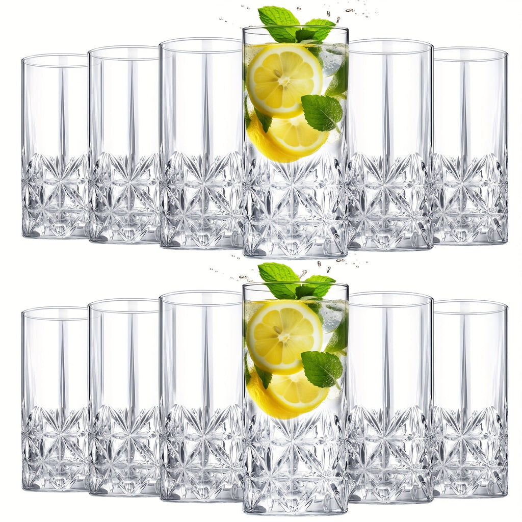 Highball Glasses Set of 12 - 12oz Crystal Clear Vintage Textured Tall Drinking Glasses, Dishwasher Safe Designer Glassware for Cocktail, Tea, Water, Beer & Soda