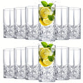 Highball Glasses Set of 12 - 12oz Crystal Clear Vintage Textured Tall Drinking Glasses, Dishwasher Safe Designer Glassware for Cocktail, Tea, Water, Beer & Soda
