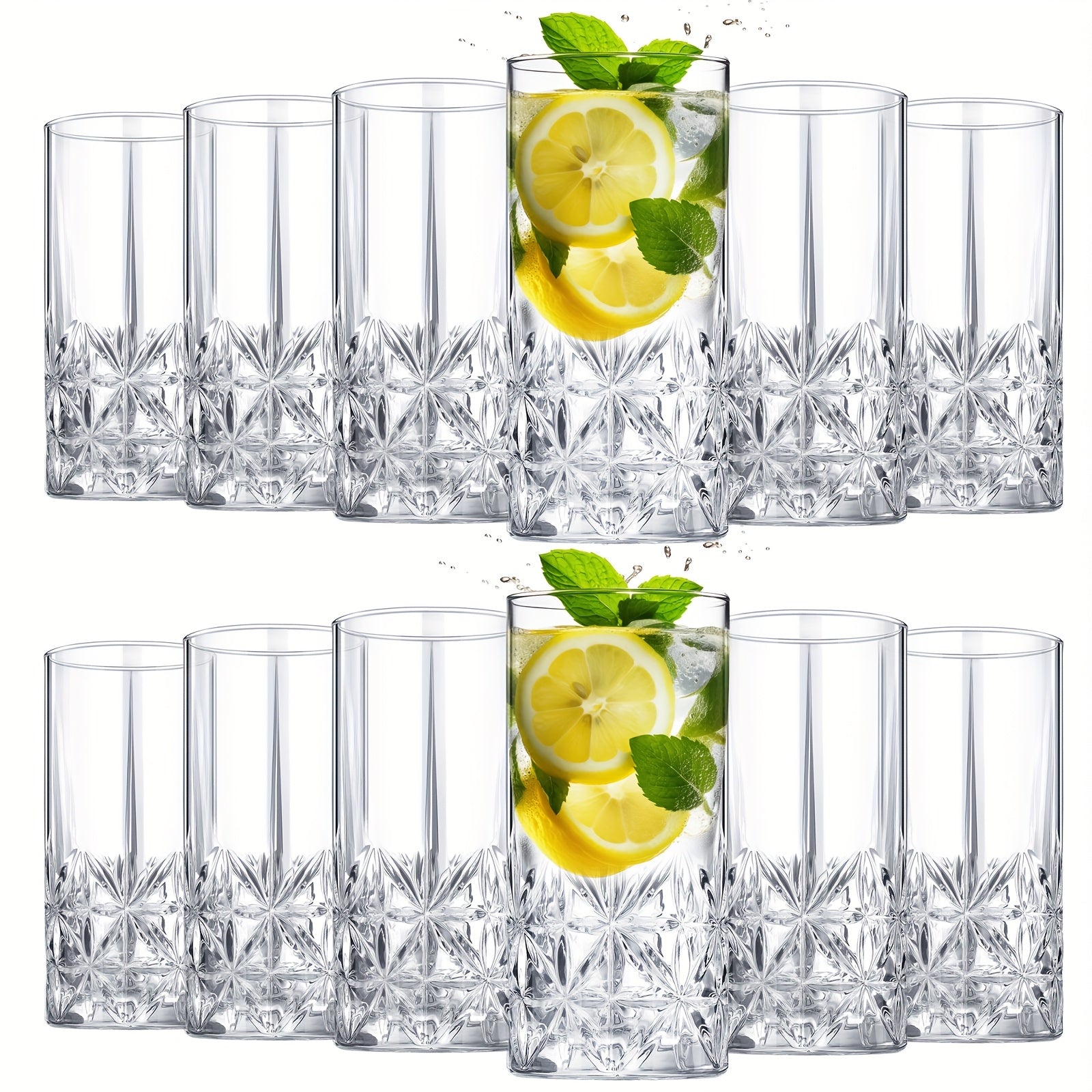 Highball Glasses Set of 12 - 12oz Crystal Clear Vintage Textured Tall Drinking Glasses, Dishwasher Safe Designer Glassware for Cocktail, Tea, Water, Beer & Soda