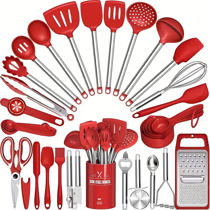 Silicone Cooking Utensils Set 34 Piece with Stainless Steel Handle, Heat Resistant Kitchen Gadgets Tools for Nonstick Cookware, Spatulas Spoons Tongs Whisk Complete Kitchen Accessories Gift Set