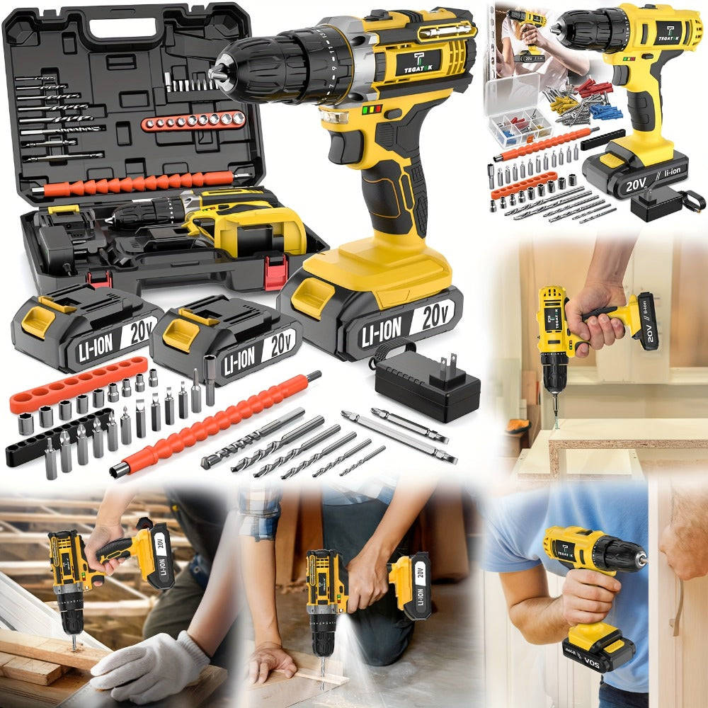 20V Cordless Drill Set Impact Power Drill 3/8 Inch Keyless Chuck 18+3 Clutch 45Nm Max Torque 2-Speed Work Light 2.0Ah Battery Fast Charger 136 148 PCS Kit