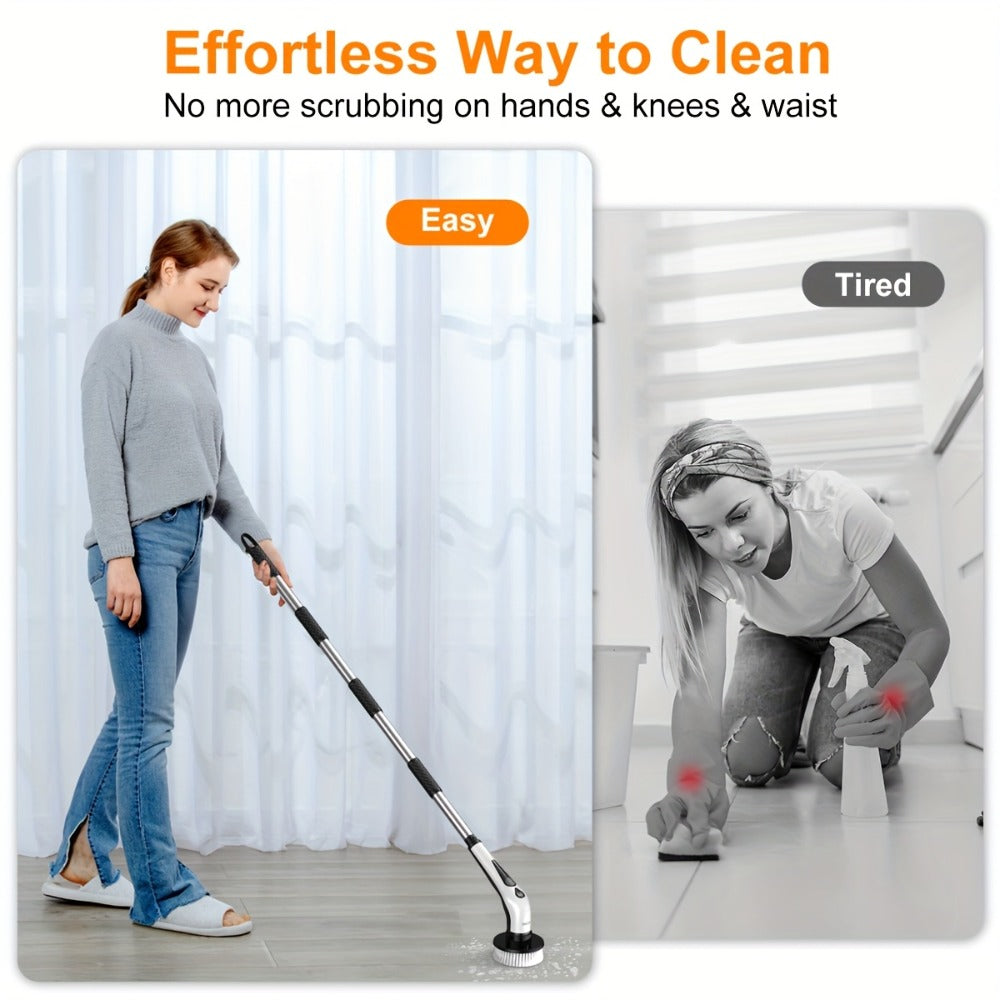 Electric Spin Scrubber Cordless IPX8 Waterproof 9 Replaceable Brush Heads 4 Adjustable Extension Handles LED Display 2-Speed 90-Min Battery for Bathroom Kitchen Tile Floor Tub Grout Cleaning White