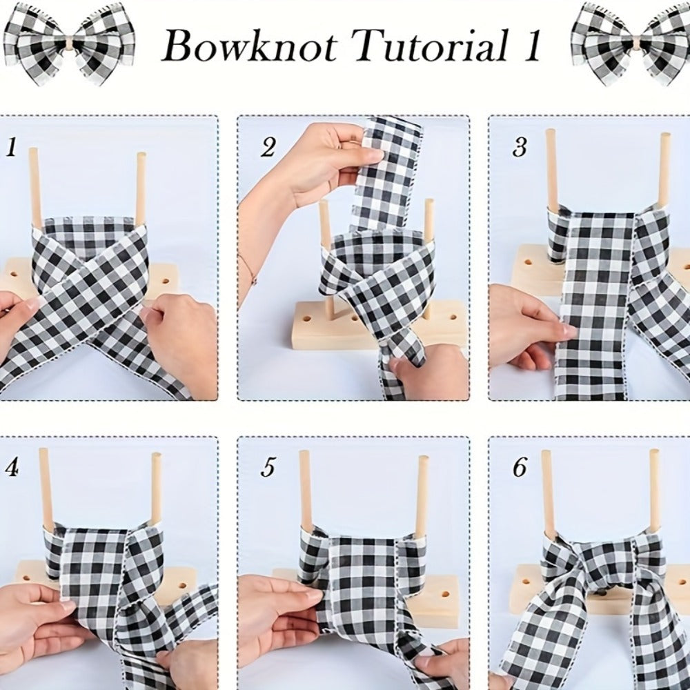 9-Piece Wooden Wreath & Bow Maker Crafting Tool Set, DIY Floral Wreath Molds with Wooden Sticks Rope Checkered Fabric, Party Decoration Craft Supplies for Holiday