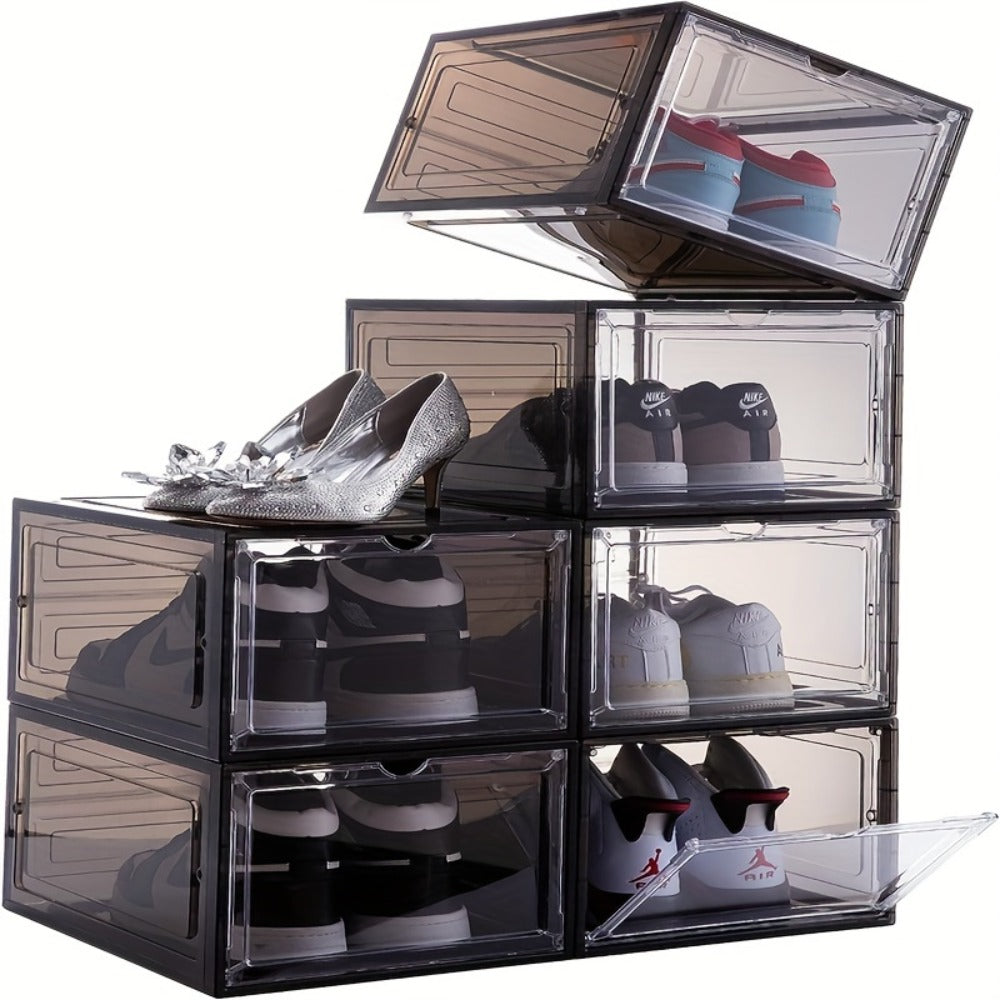 Clear Shoe Organizer Box 6-Pack, Stackable Shoe Storage with Magnetic Door, Dustproof Sneaker Display Case for Women & Men, Front-Loading Large Plastic Closet Shoe Rack for Boots & Hats