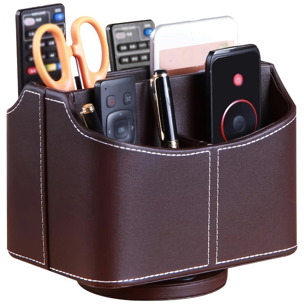 360¡ã Swivel Remote Control Holder with 5 Compartments ¨C PU Leather Desktop Organizer Caddy for TV Remotes, Phones, Glasses, Cosmetics & Stationery, Rotating Storage Box for Home Office Nightstand