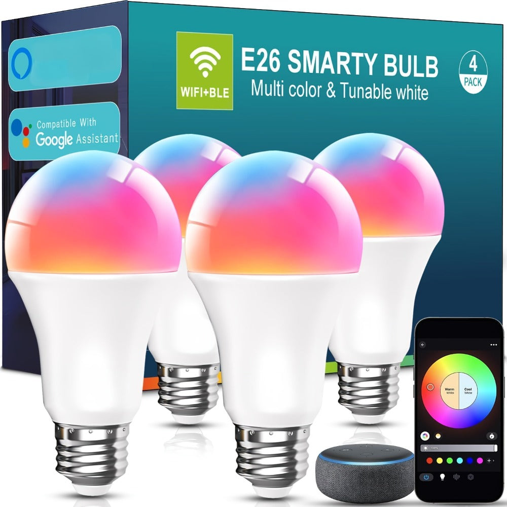 Smart Light Bulbs RGBCW Color Changing A19 E26 9W 800LM WiFi Bluetooth LED Bulb Compatible with Alexa Google Home 16 Million Colors Music Sync Dimmable for Bedroom Living Room Party Halloween Decor 2 4 6 Pack