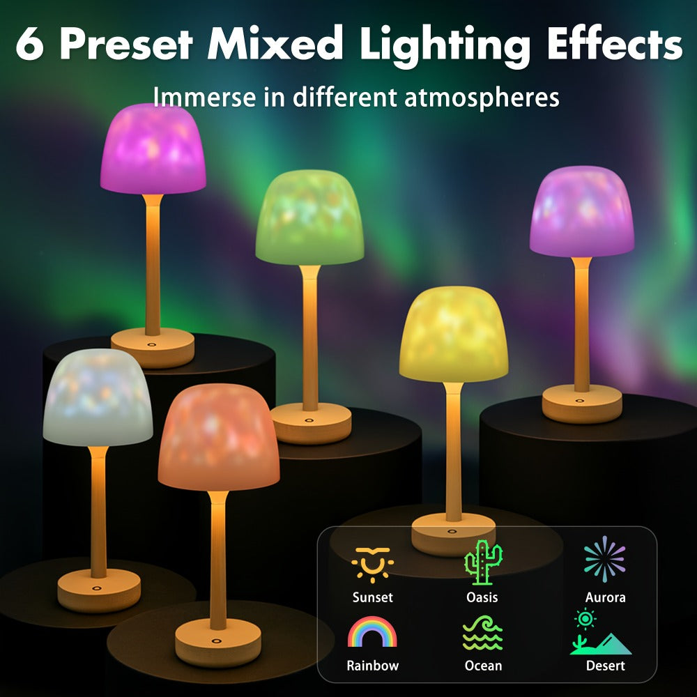 Ocean Wave LED Projector Lamp ¨C 16 Color Rechargeable Cordless Night Light with Remote, Water Ripple Atmosphere Lamp for Bathroom Bedroom, Portable Table Lamp, RGB & Wood Base Options
