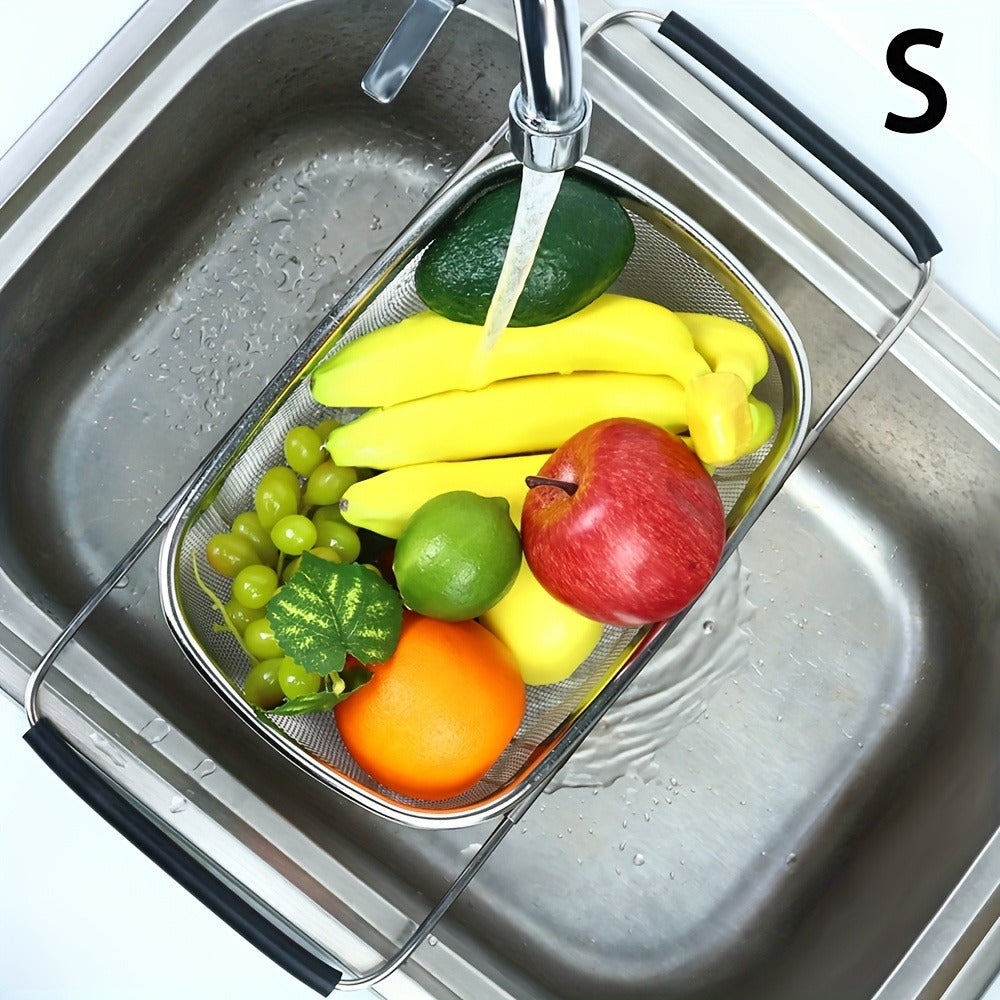 Expandable Sink Colander Stainless Steel ¨C Over the Sink Strainer Basket with Fine Mesh & Rubber Grip, Adjustable Kitchen Drain Strainer for Vegetables, Fruits & Pasta, Small & Large Size