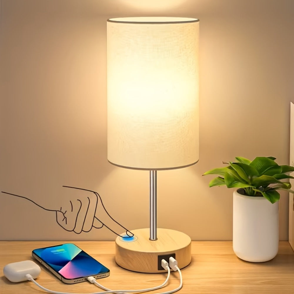 Bedside Table Lamp with USB-C Charging Port ¨C 3-Way Dimmable Touch Lamp, Wood Base Round Burlap Shade, Small Nightstand Desk Light with AC Outlet & A19 LED Bulb Included for Bedroom Living Room Office