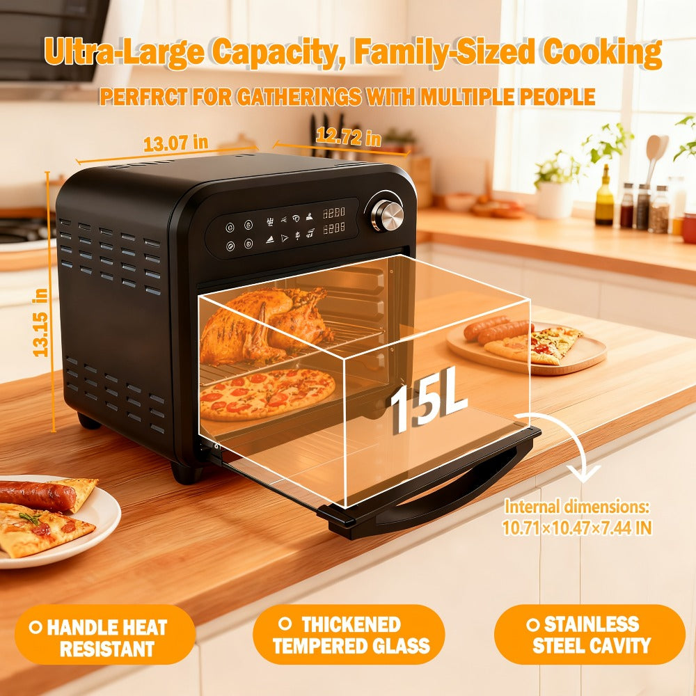 Air Fryer Toaster Oven Combo 15QT Extra Large, 360¡ã Convection, LED Digital Display, Precise Temperature Control ¨C Stainless Steel Interior, 5 Accessories, Healthy Low-Oil Cooking for Family Kitchen