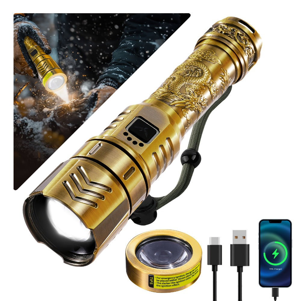 Tactical LED Flashlight 5000mAh Rechargeable Zoomable with Ignition Lens ¨C 4 Modes High Brightness Golden Dragon Pattern Spotlight for Camping Outdoor Hiking Emergency Household Use