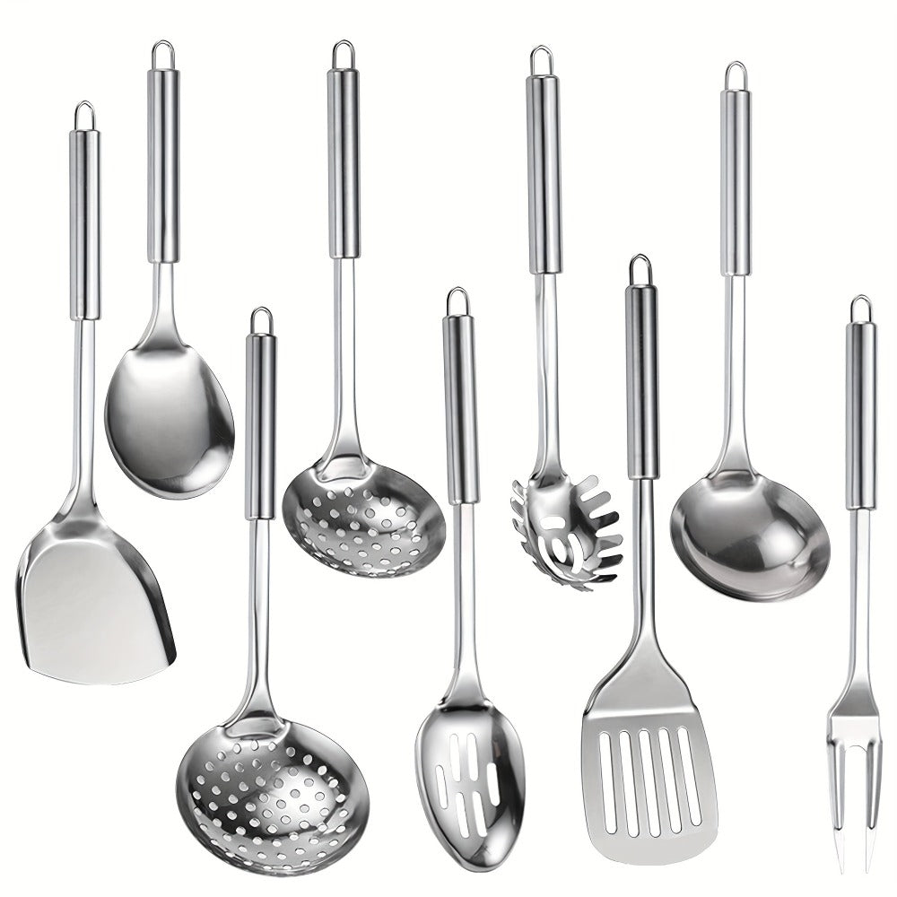 Stainless Steel Cooking Utensil Set 9 Piece for Nonstick Cookware ¨C 304 Grade, Heat Resistant Ergonomic Handles, Dishwasher Safe, Space Saving Kitchen Tools with Hanging Holes for Home & Professional Chefs