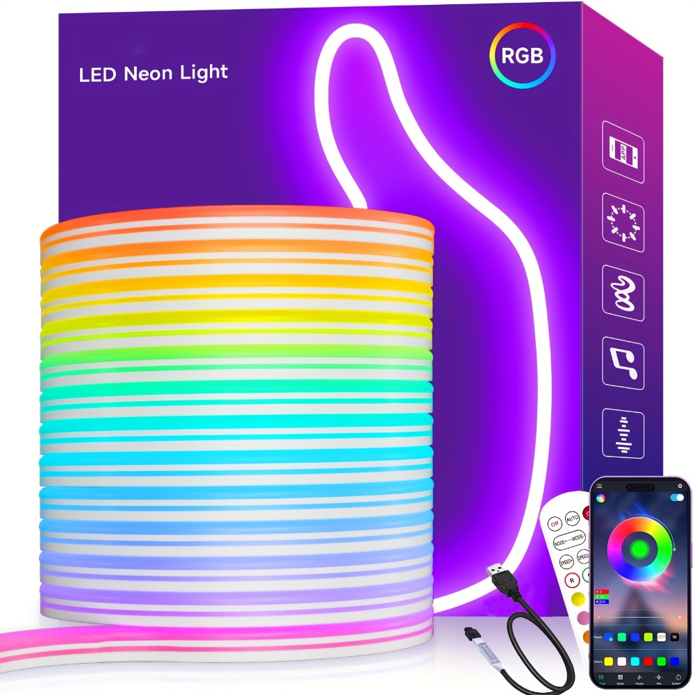 LED Neon Rope Light IP65 Waterproof ¨C RGB Color Changing Light Strip, App & Remote Control, Music Sync, Silicone Neon Light for Bedroom, Gaming Room, Indoor & Outdoor Decoration (3.2/9.8/16.4 Ft)