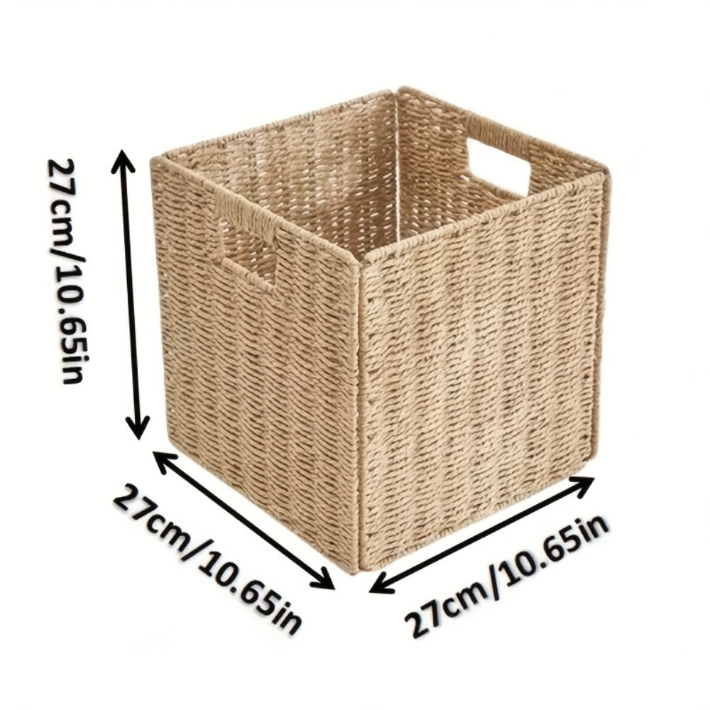 Rattan Storage Basket Foldable Square Wicker Laundry Hamper with Frame Natural Handwoven Organizer Bin for Bedroom Living Room Bathroom Clothes Toys