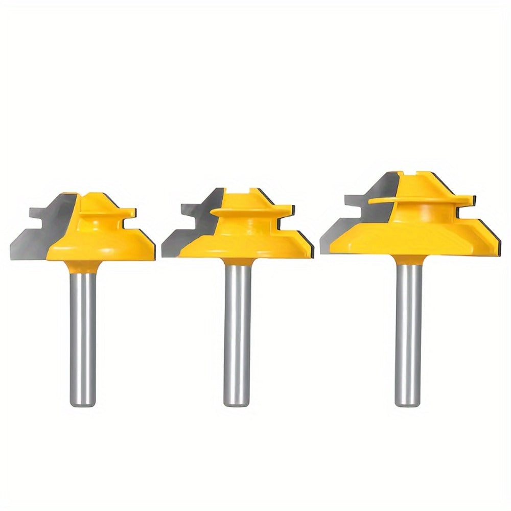 Locking Miter Router Bit Set 3 Piece 45 Degree 1/4 Inch Shank Carbide Woodworking Joinery Box Joint Corner Bits for Router Table