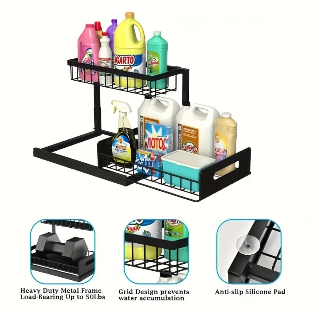 Under Sink Organizer Pull Out, 2-Tier Slide Out Cabinet Organizer with Adjustable Shelves, Under Sink Storage Rack for Kitchen Bathroom Cabinet Organization