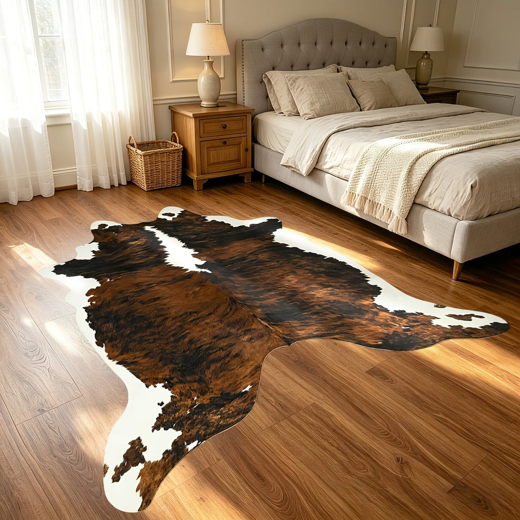 Faux Cowhide Rug Brown Western Style Area Carpet | Non-Slip Suede Backing | 5.2¡Á4.6 & 6.2¡Á5.2 Ft | Living Room Bedroom Office