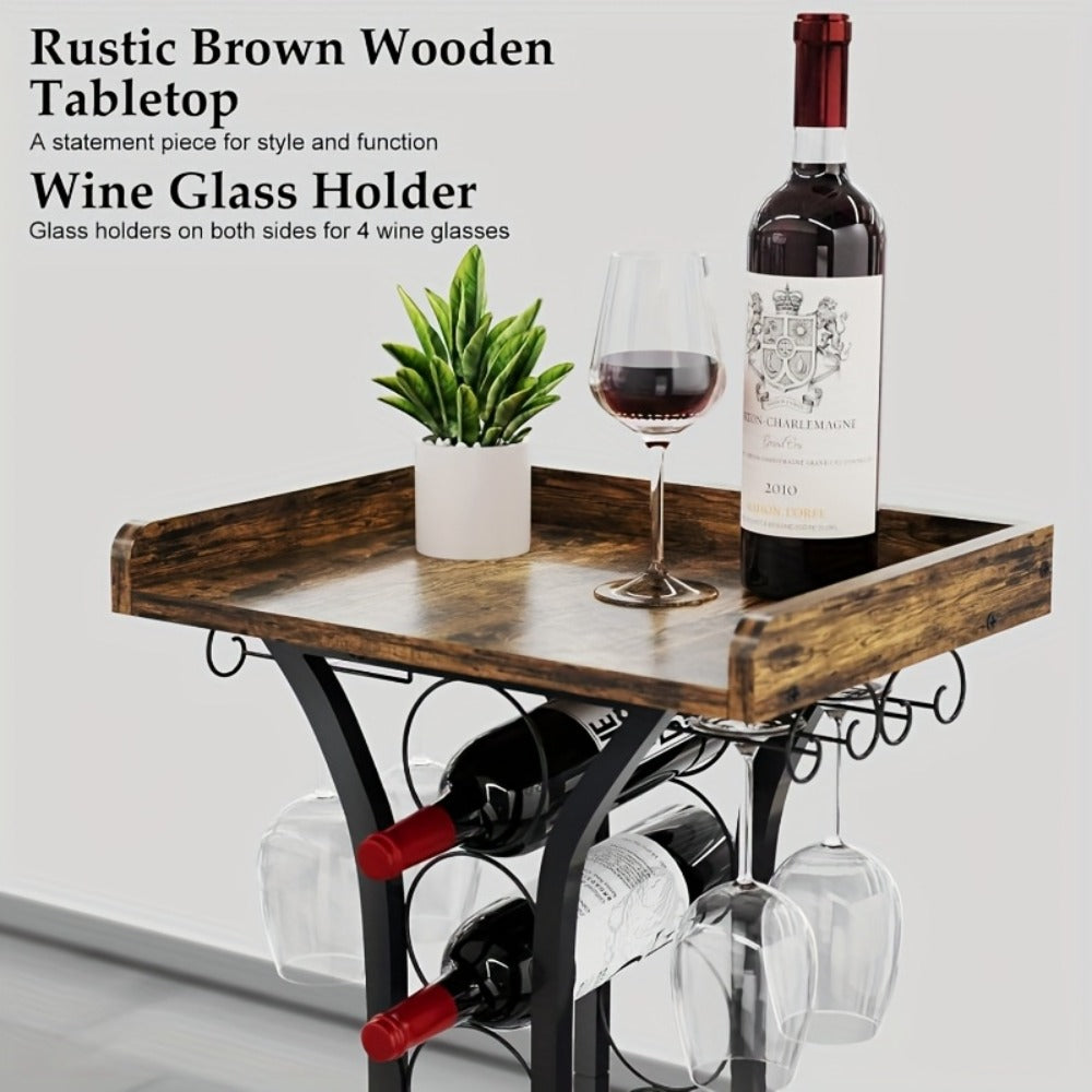 Freestanding Wine Rack Floor 14 Bottles Mini Bar Table Stand Liquor Cabinet with Glass Holder Wood Tabletop Wine Storage for Home Bar Kitchen Living Room Black