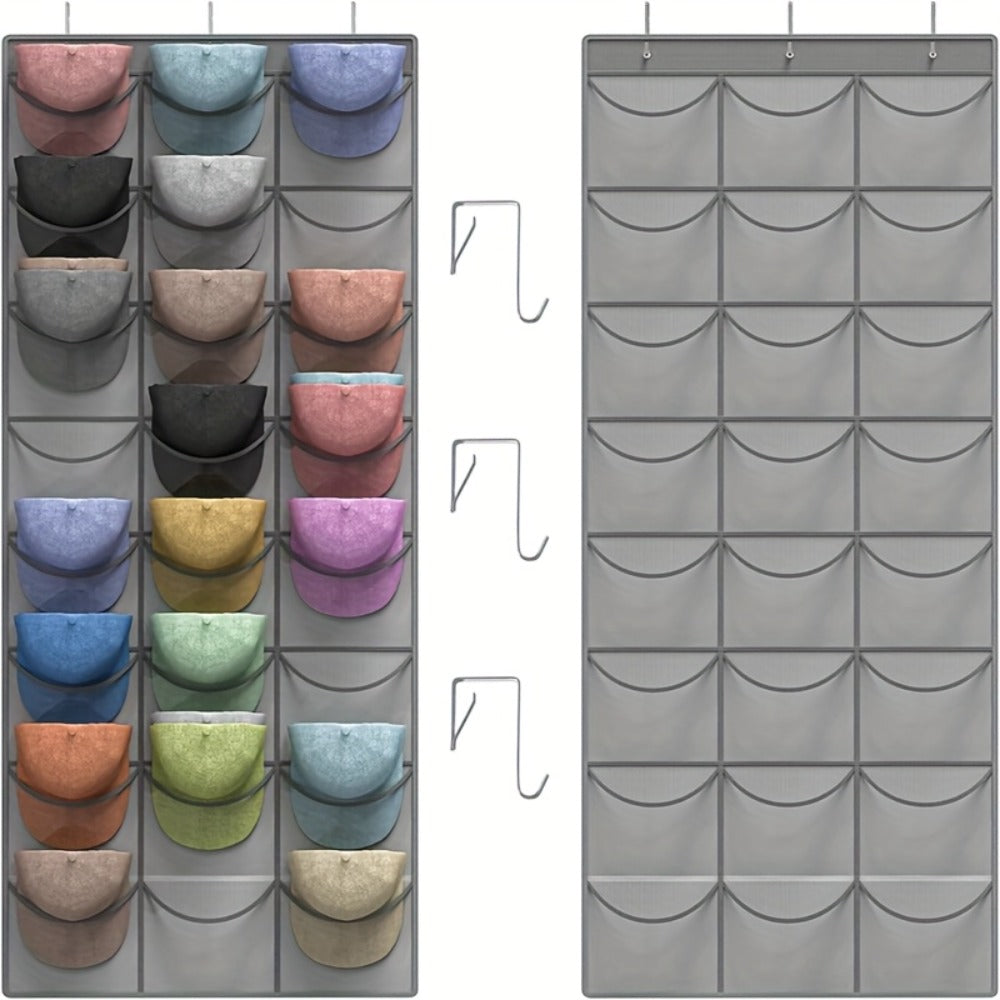 Over the Door Hat Organizer 24 Pocket - Baseball Cap Rack with Large Clear Pockets and 3 Hooks for Hat Storage Protection and Display in Closet