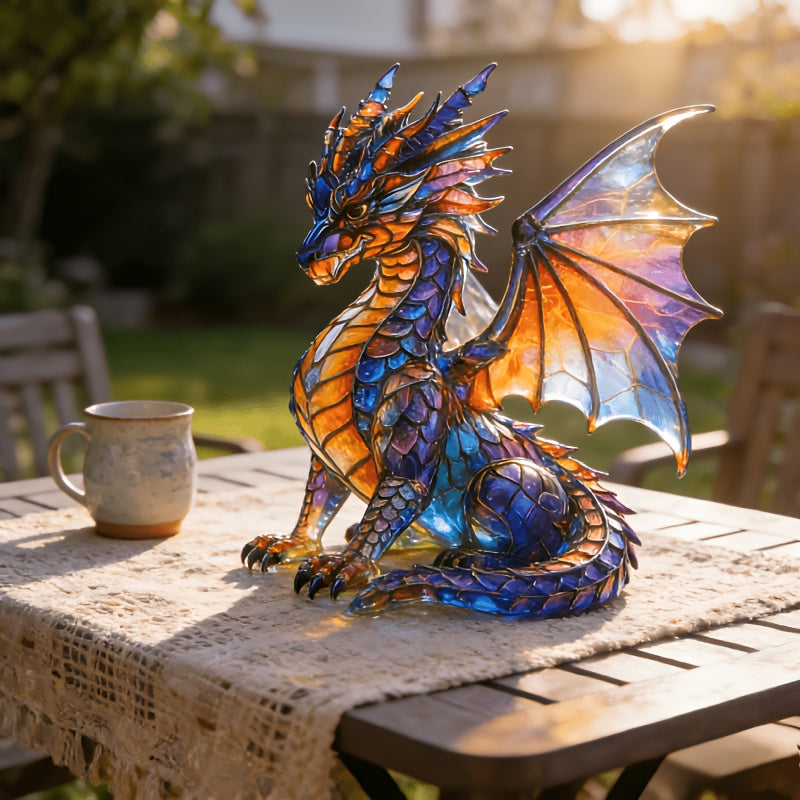 Dragon Sculpture with Light - Faux Stained Glass Resin Statue, Bohemian Accent Lamp, Fantasy Home Decor Figurine, Gothic Dragon Art, Unique Shelf Decor & Collector Gift