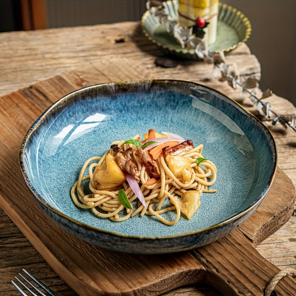 Irregular Deep Dish Ceramic Plate | Artisan Handcrafted Salad Soup Bowl Dish | Unique Edge Design | Dishwasher Safe Tableware for Family Dining
