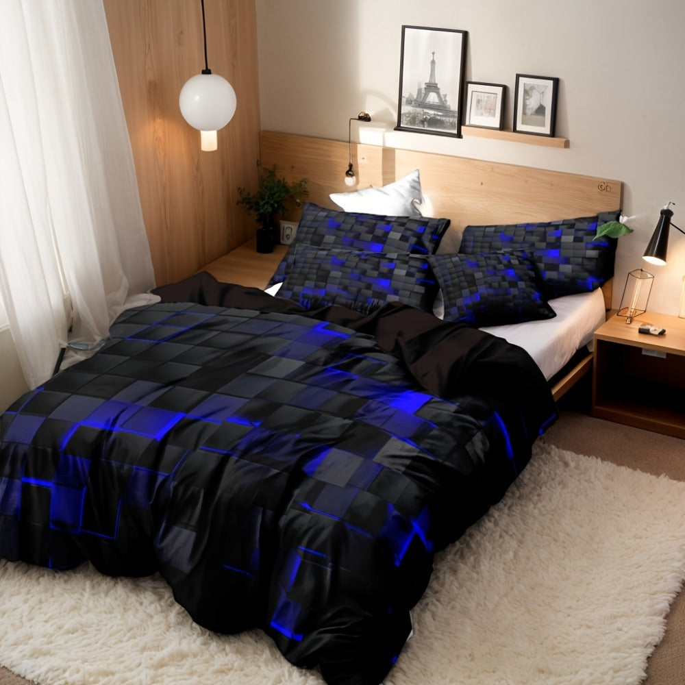 Duvet Cover Set Queen King Twin Full 3D Geometric Cube Print | 3-Piece Polyester Bedding Set | Black Blue Grid Pattern | All-Season Soft Quilt Cover + 2 Pillowcases | Machine Washable
