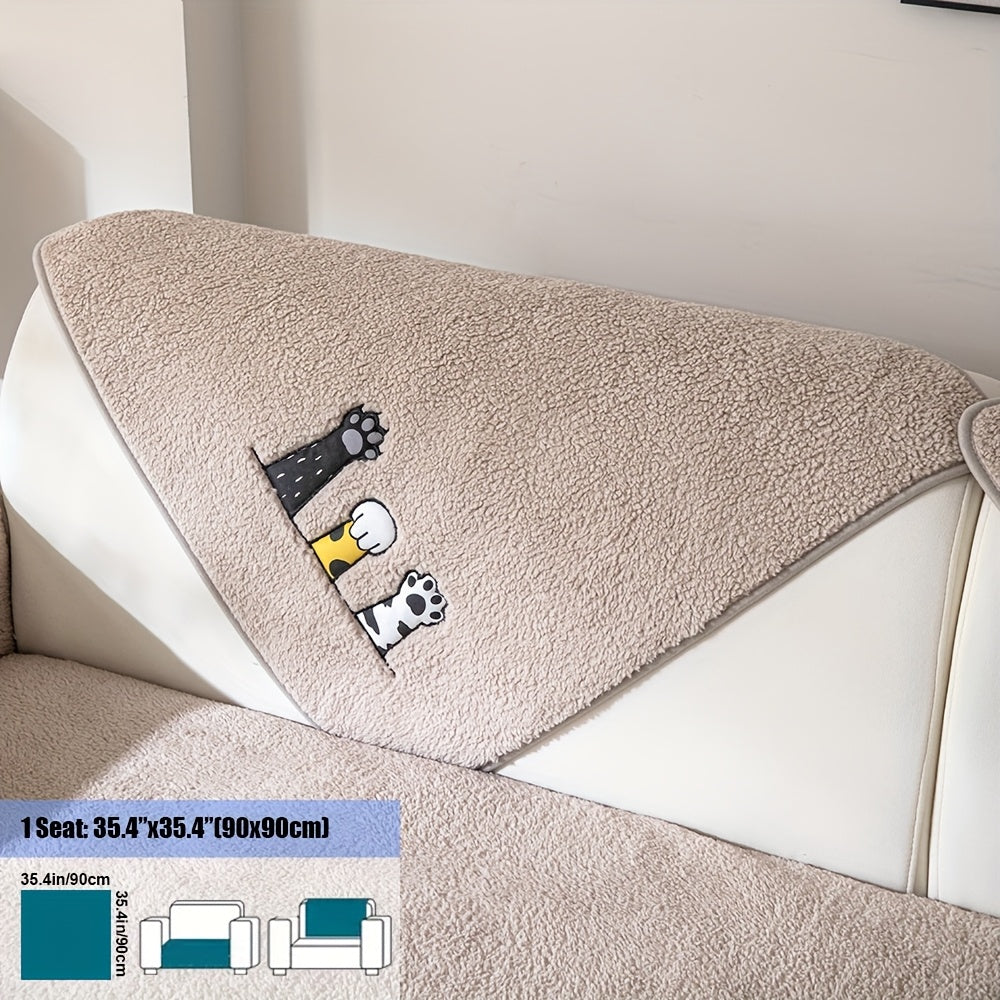 Sherpa Sofa Cover Cat Paw Embroidered Thick Plush Couch Slipcover Non-Slip Seat Cushion Protector Pet-Friendly Machine Washable Furniture Cover for Living Room Home Decor