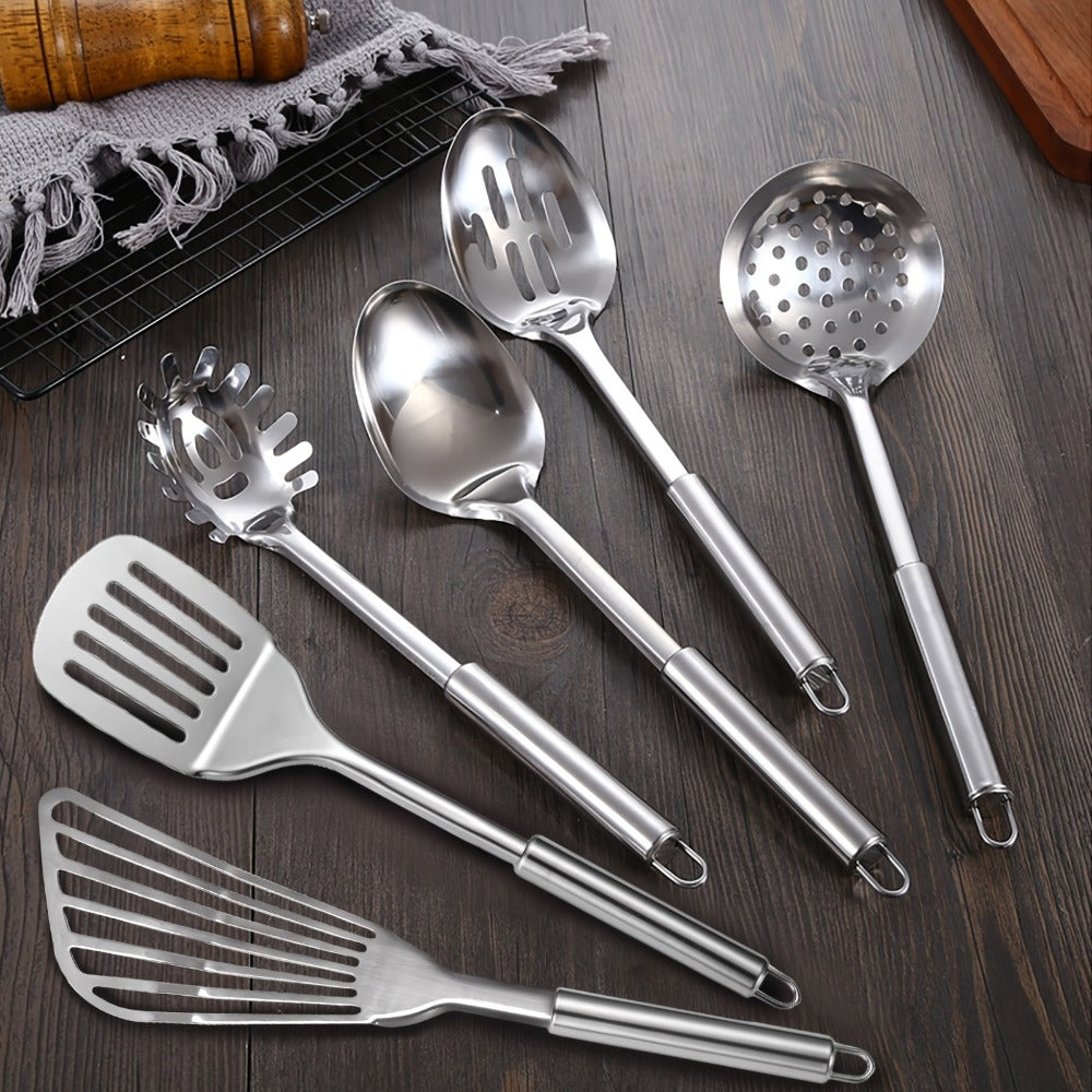 Stainless Steel Kitchen Utensils Set 12 Piece with Holder ¨C Heat Resistant Cooking Utensils, Spatula, Ladle, Tongs, Whisk, Skimmer, Potato Masher, Slotted Spoon