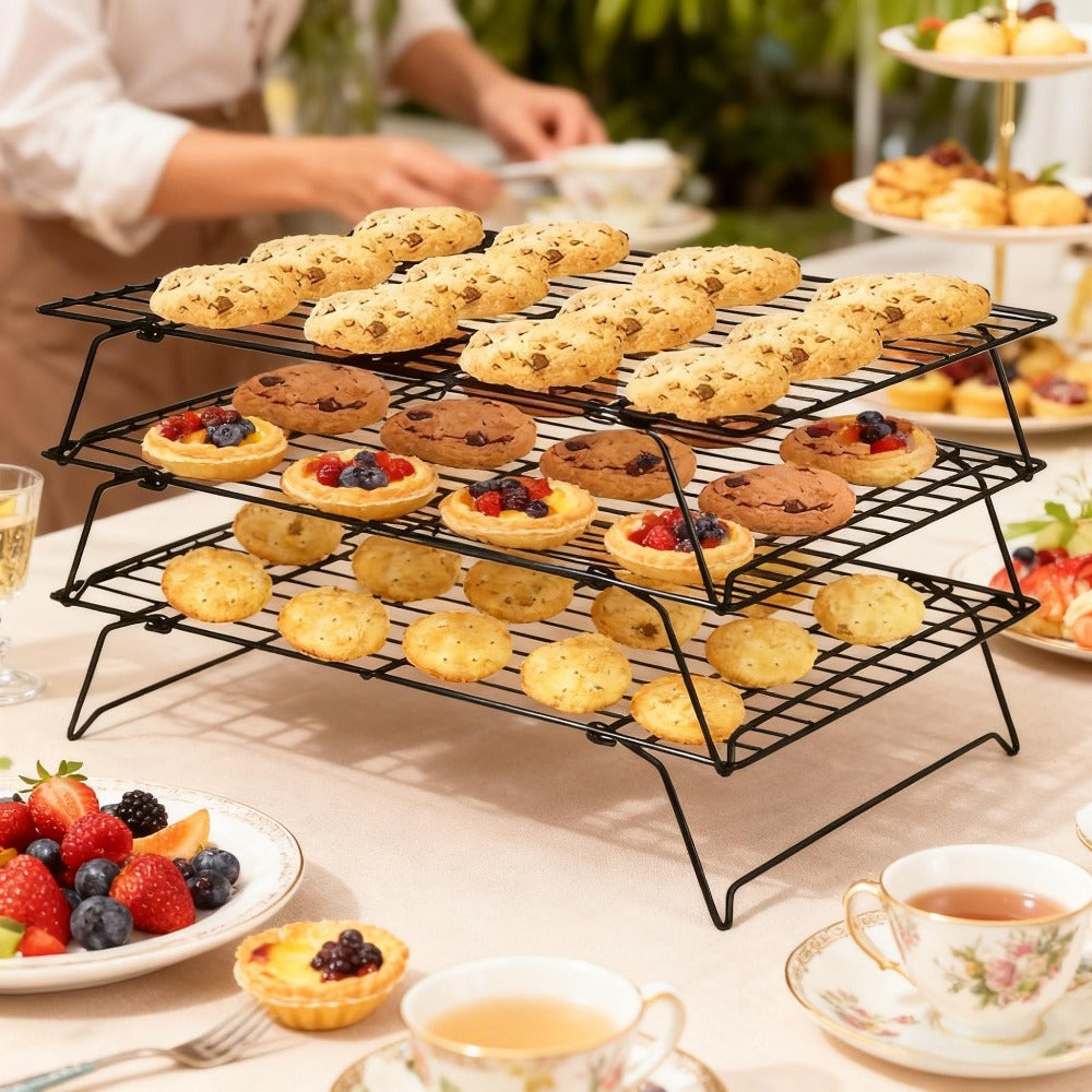 Foldable Cooling Rack for Baking, Stackable Wire Baking Rack with 4-Position Height Adjustment, Collapsible Metal Drying Rack for Cookies Cakes Bread, Camping Grill Rack