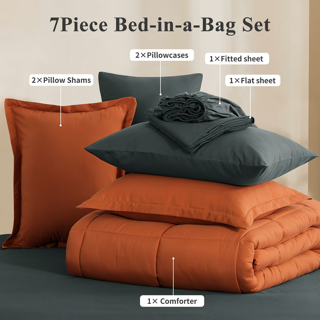 7 Piece Comforter Set Luxury Soft Fluffy Bedding All Season Bed in a Bag with Comforter Fitted Sheet Flat Sheet Pillowcases Hypoallergenic Breathable Easy Care Queen King Twin XL Full