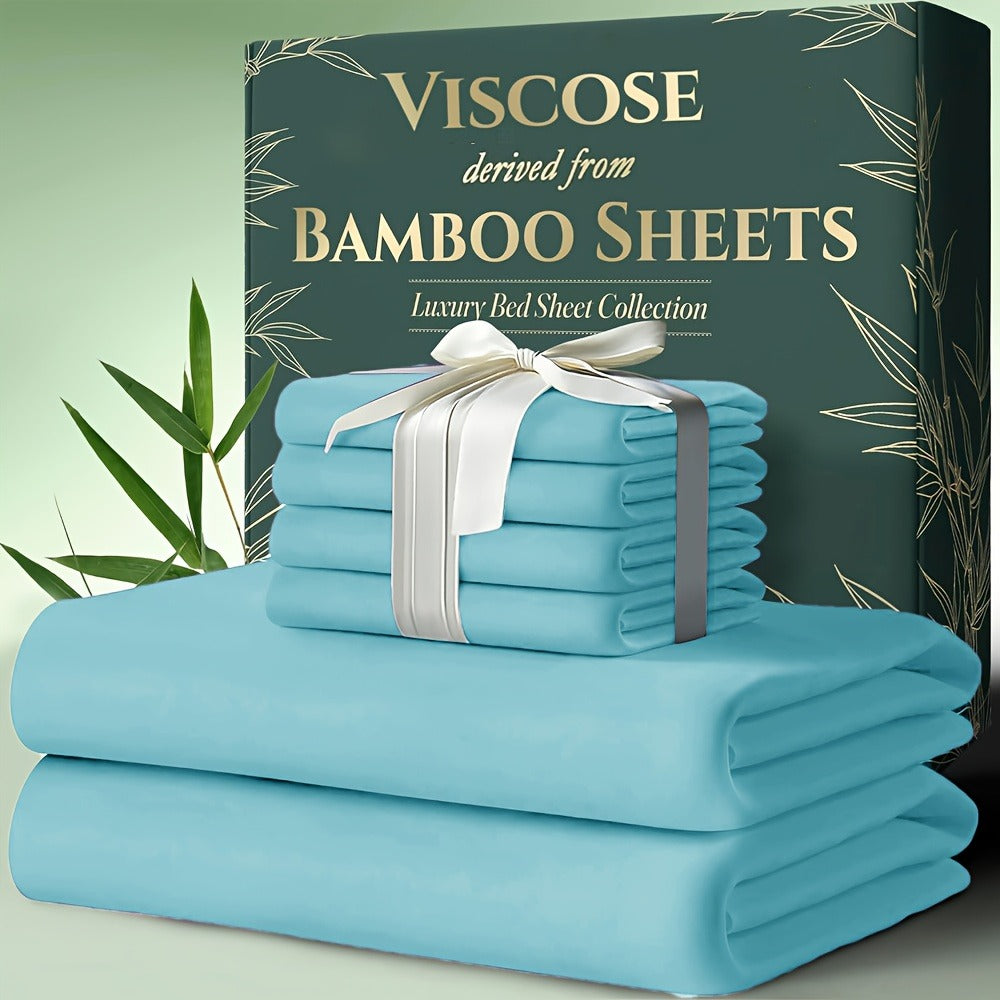Cooling Bamboo Bed Sheet Set 6pcs Ultra Soft Deep Pocket 17 Inch Double Stitching Breathable Sheets for Hot Sleepers Twin Full Queen King