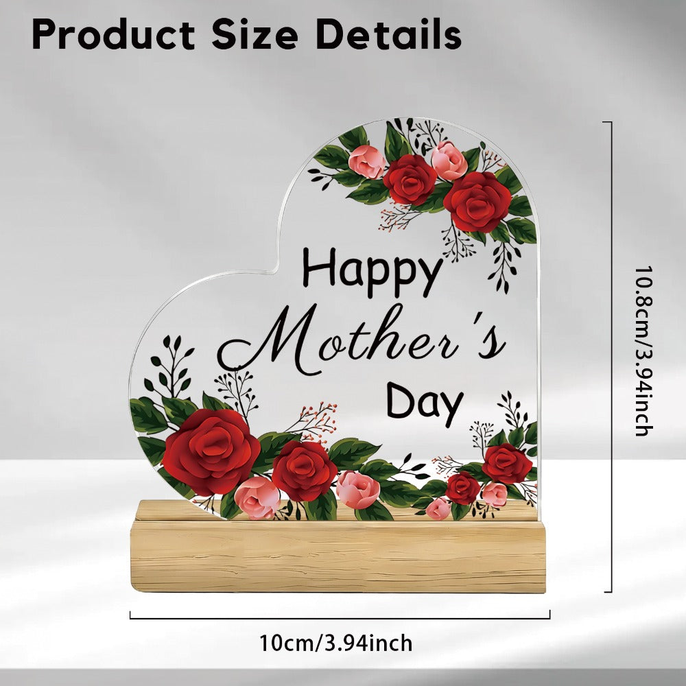 Mother's Day Heart-Shaped Acrylic Sign with Wooden Base | Floral Desktop Ornament for Home Living Room Bedroom | Heartwarming Mom Gift for Mother's Day Celebration Table Decor
