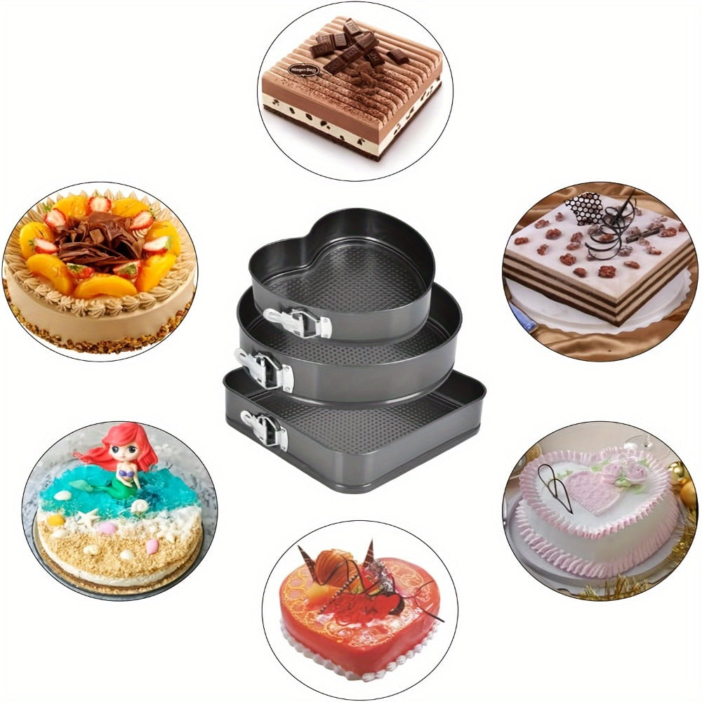 Springform Pan Set of 3 Nonstick Carbon Steel Cake Pan with Removable Bottom Round and Heart Shaped Easy Release Baking Pans for Cheesecake Layer Cake