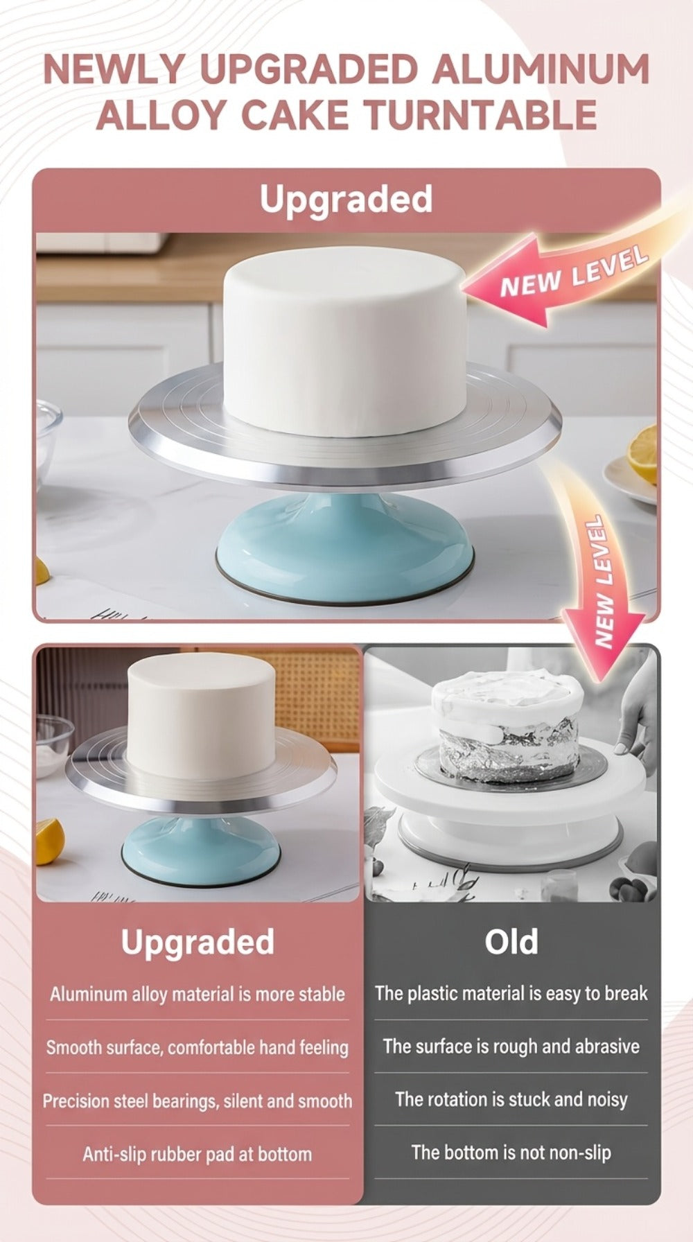 Cake Turntable Stand 10 Inch Aluminum 360 Degree Smooth Rotation with Frosting Spatula - Heavy Duty Rotating Cake Decorating Stand for Baking Birthday Wedding Holiday Desserts, Non-Slip Base Baking Supplies