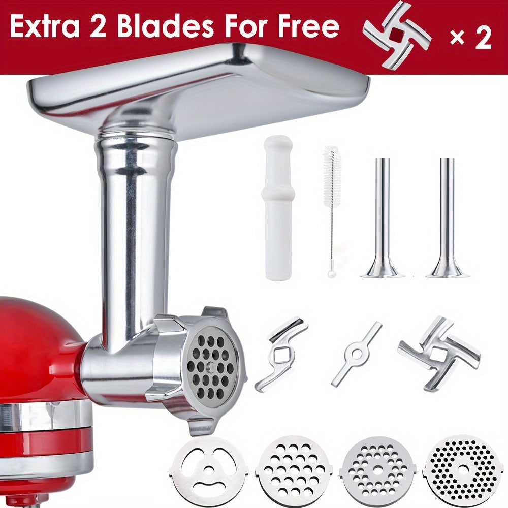 Metal Meat Grinder Attachment for KitchenAid Stand Mixers with 4 Grinding Plates 4 Blades 2 Sausage Stuffer Tubes Holder and Cleaning Brush Food Grinder for All KitchenAid Mixers
