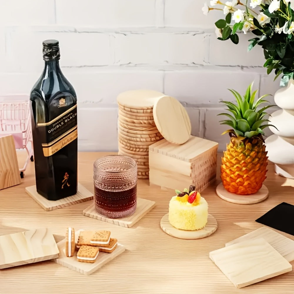 Unfinished Wood Coasters for Crafts 4 Inch Square and Round Wooden Coasters with Non-Slip Pad for DIY Engraving Staining Painting Drinks Coffee Table Home Kitchen 30 or 60pcs