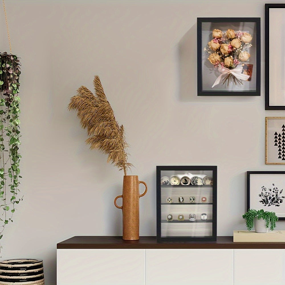 Shadow Box Frame 11x14 Large Memory Display Case with Linen Back - 4 Removable Shelves for Medals, Coins, Rings, Pins, Photos & Flowers | Deep Shadow Box for Collections, Country Farmhouse Style