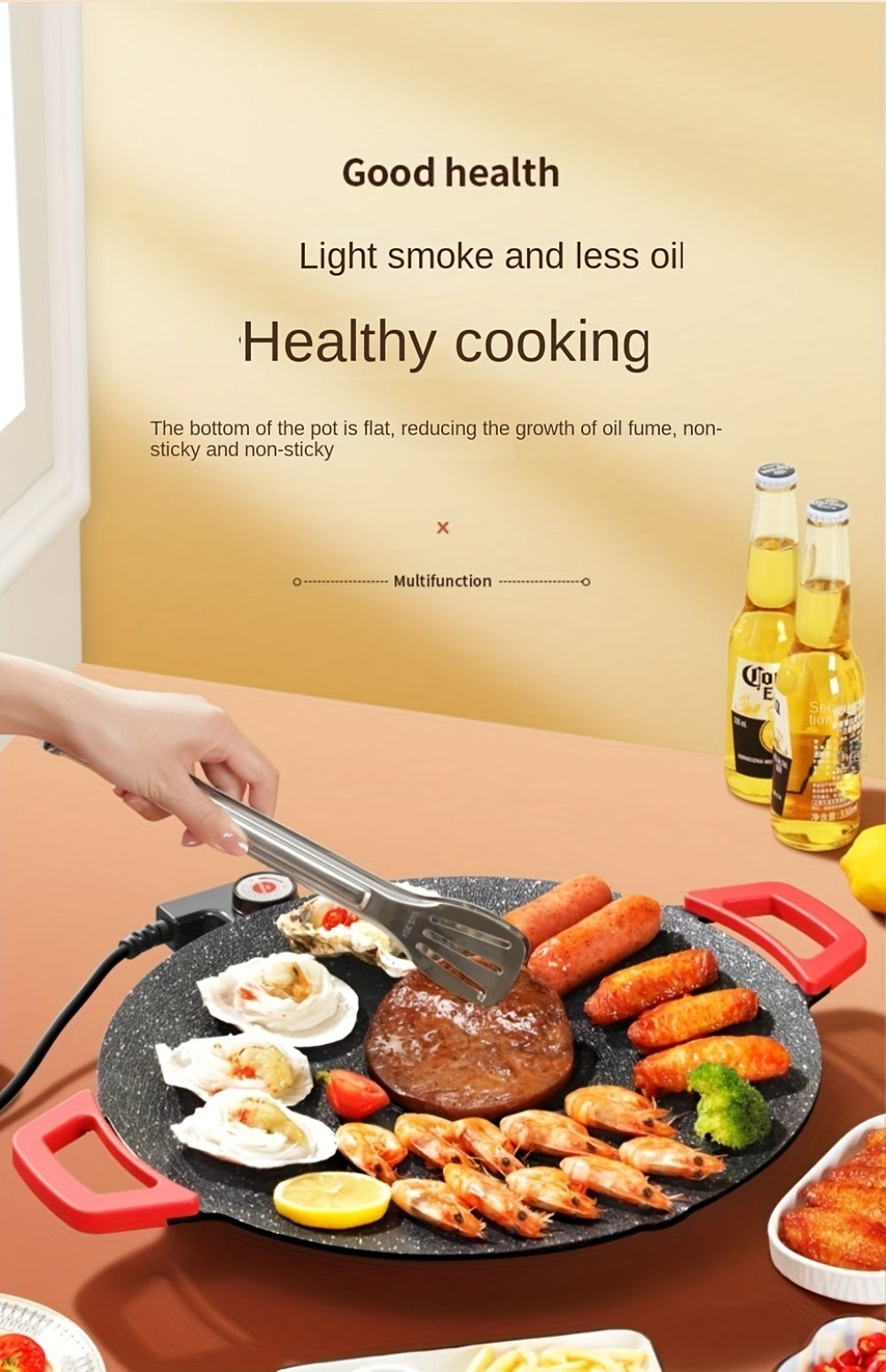 Korean BBQ Grill Pan ¨C Round Non-Stick Multi-Functional Electric Grill Pan with Red Handle & Adjustable Settings, Home & Outdoor BBQ Pot for Family Gatherings, Available in 14.17¡± & 15.75¡±