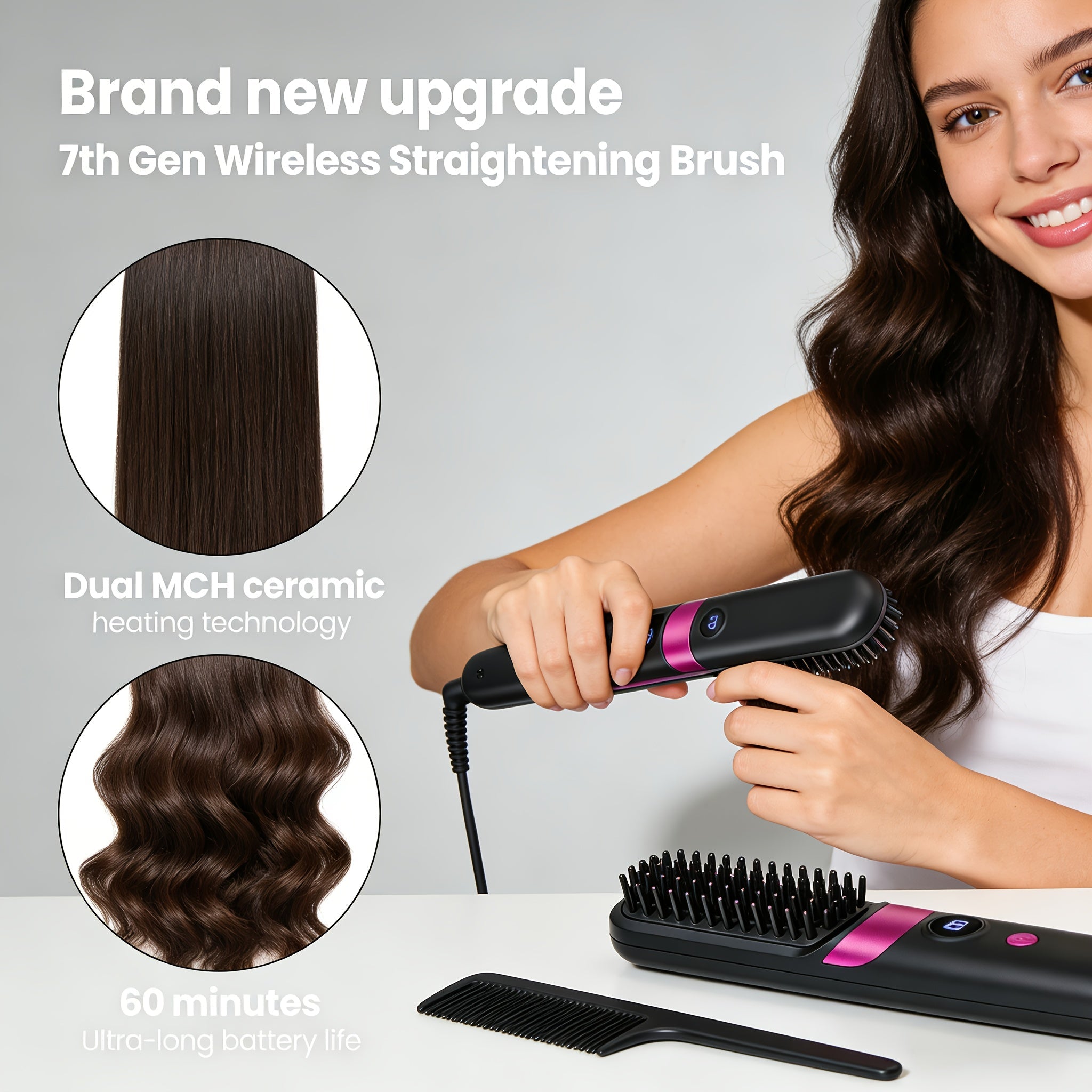 Wireless Hair Straightener Comb USB Rechargeable | Cordless Straightening Brush with Negative Ion, 3-Speed Temp Control, LED Display ¨C Travel Hair Styler