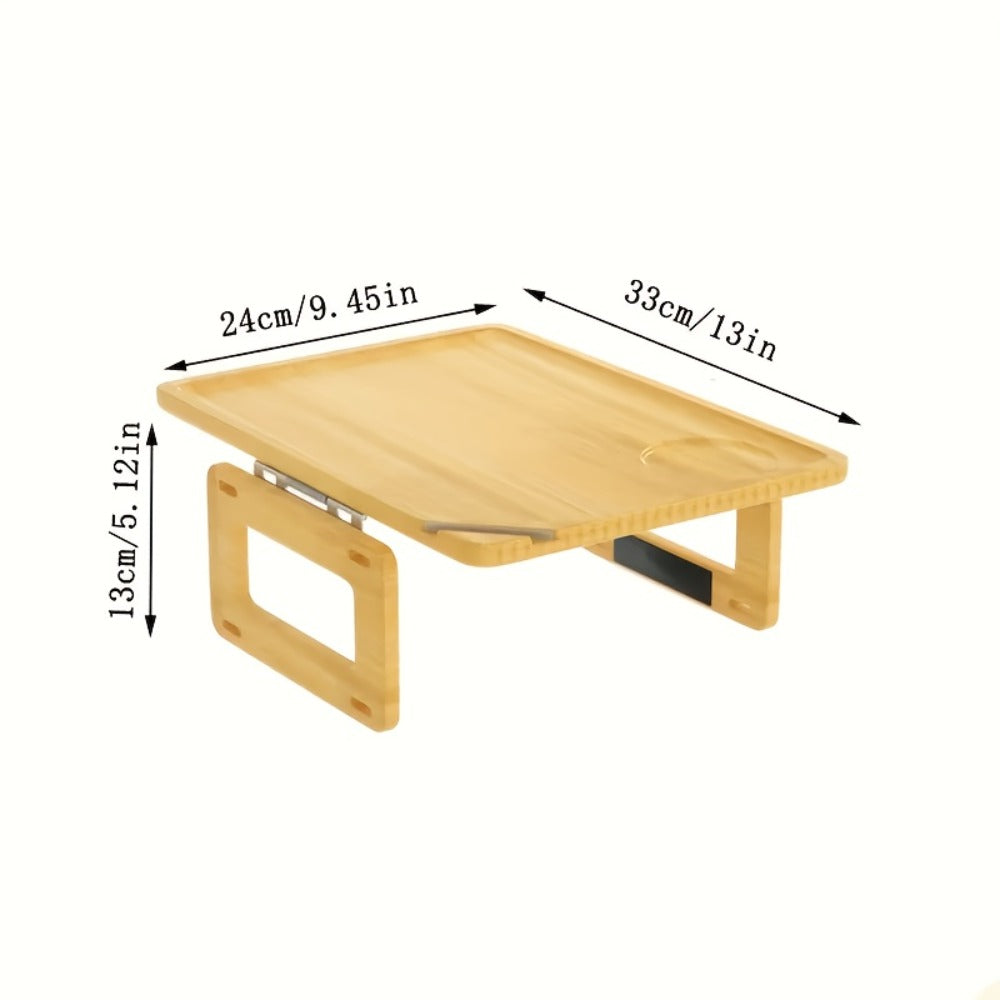 Bamboo Sofa Arm Tray with Folding Legs ¨C Clip-On Couch Armrest Table for Snacks Drinks Remote Control Living Room Bedroom Breakfast Tray Natural Rectangular