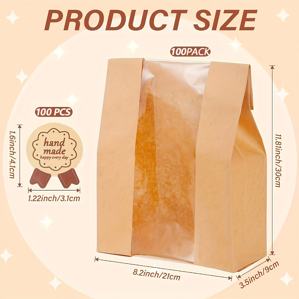 Bread Bags 100pcs Paper with Window 50% Thicker 13.7x8.2x3.7in Sourdough Homemade Bread Bakery Bags for Storage Bread Cookies Snacks with 100 Cute Sealing Stickers