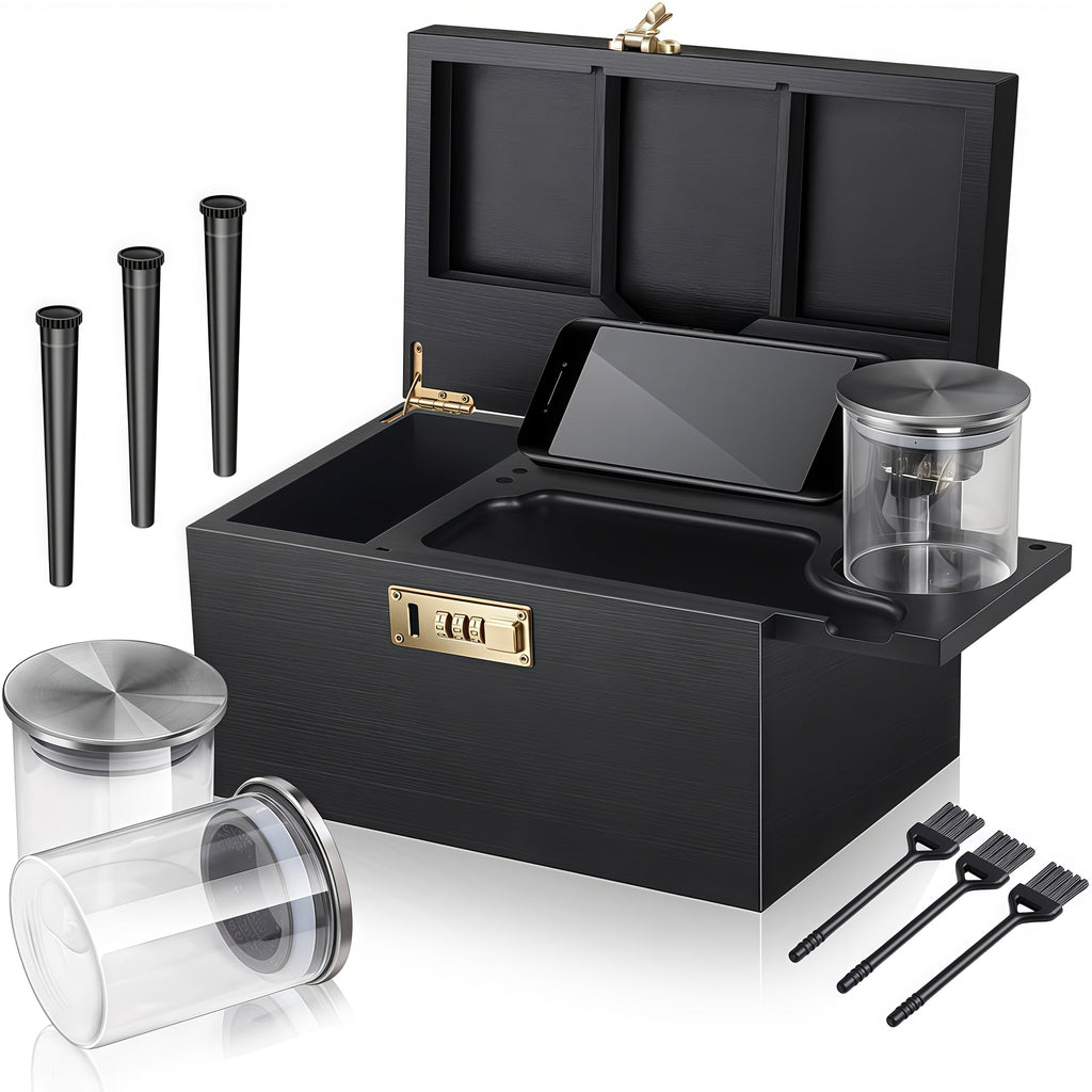 Bamboo Storage Box with Combination Lock Smell-Proof, Sliding Tray Detachable Compartments 3 Glass Jars Brushes Tubes, Wooden Stash Box Kit with Lock Elegant Gift Set for Essentials Organization